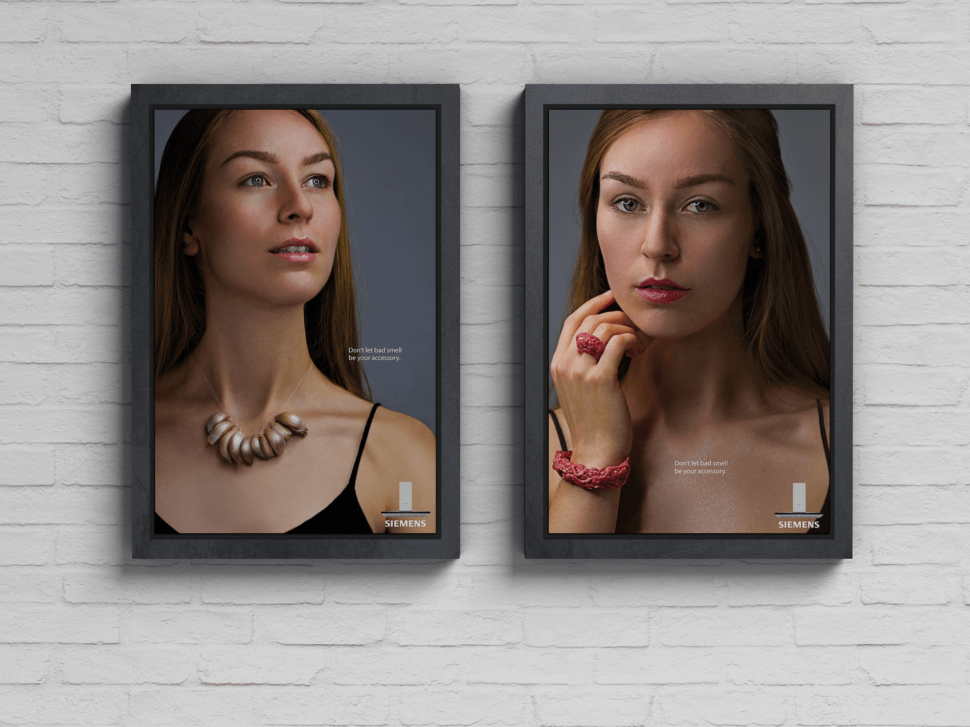 Girl wearing neacklace ring and bracelet of coral and pearls which are actually raw meat and garlic cloves advertising campaign photography for Siemens Accessory Exhaust Hoods mockup busstop bus advertising campaign print poster